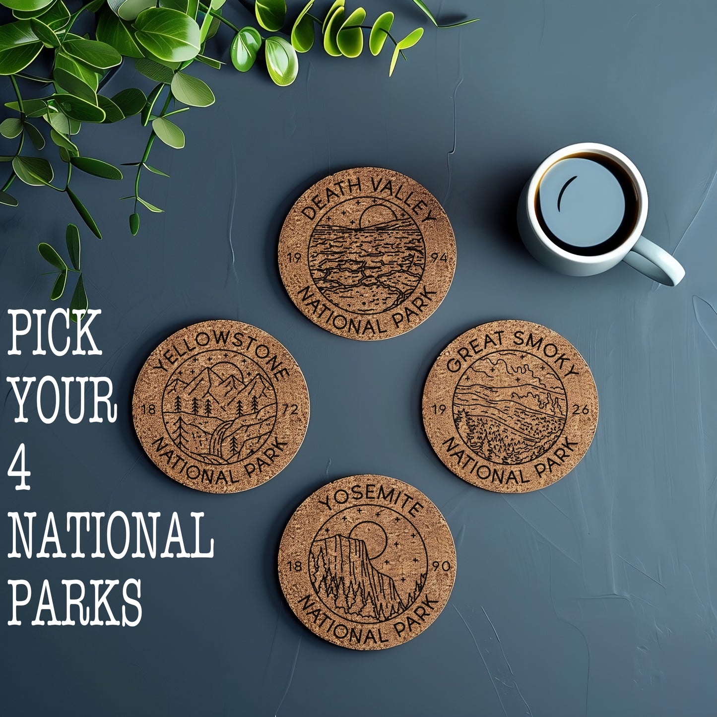 4 National Parks Cork Coaster Set Engraved - Engraved Set of 4 National Park Cork Coasters - Personalized 4 Pack of National Parks Coasters