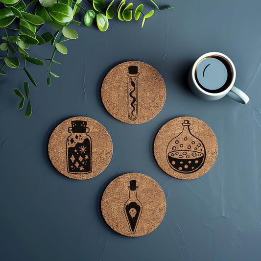 4 Potions Coaster Set | Set of 4 Cork Coasters | Occult Coaster Set | Set of 4 Magic Potion Coaster Set | Magic Potions Coaster Set 4 Pack
