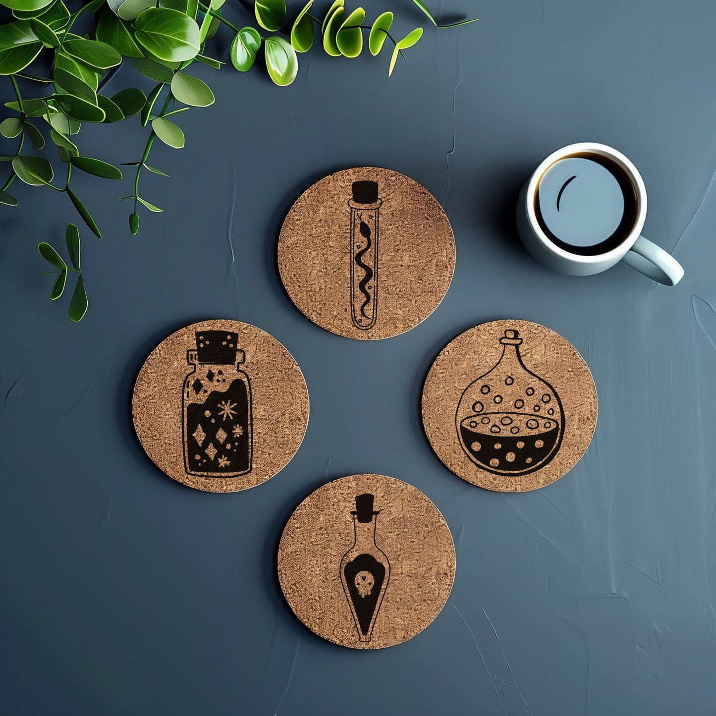 4 Potions Coaster Set | Set of 4 Cork Coasters | Occult Coaster Set | Set of 4 Magic Potion Coaster Set | Magic Potions Coaster Set 4 Pack