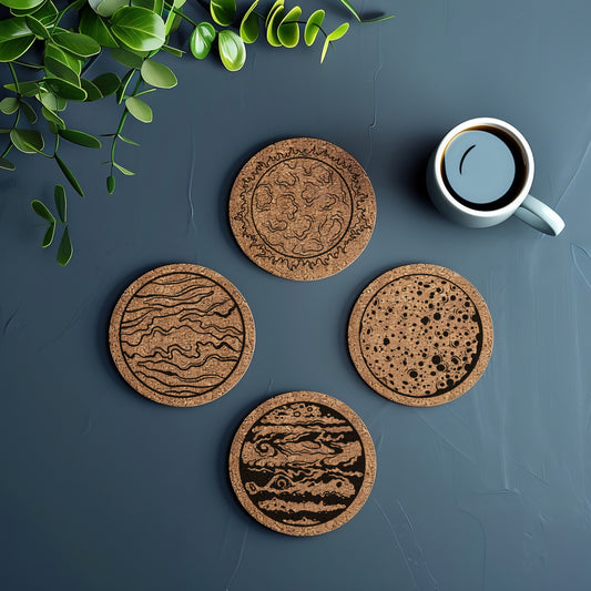 Solar System Coaster Set of 4 | 4 Planet Cork Coasters | Set of 4 Solar System Coasters Sun Moon Planets  | Housewarming Coaster Set of 4